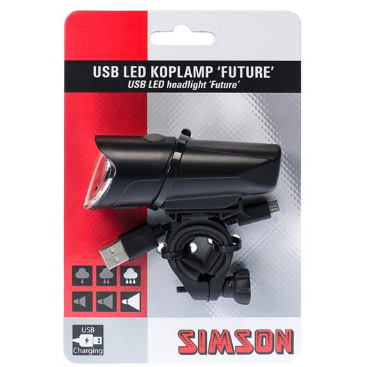 Simson koplamp Future USB LED oplaadbaar zwart op kaart