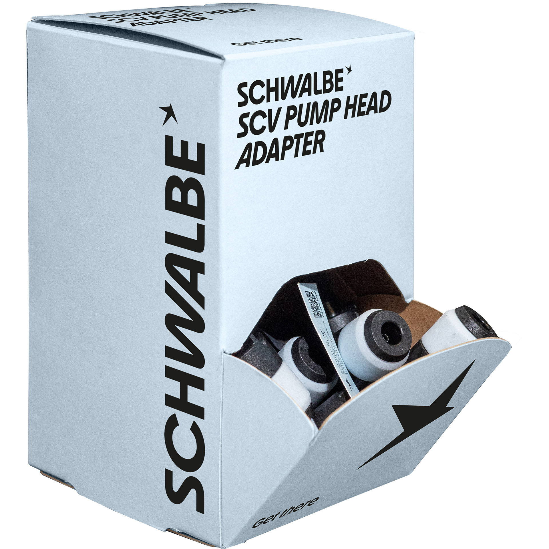 Schwalbe baliedisplay met 25 SCV pompkopadapters