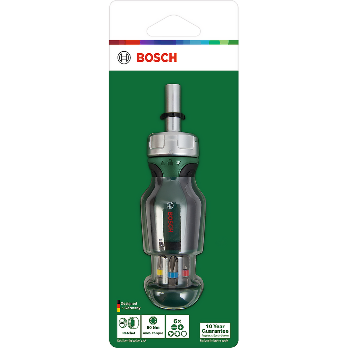 Compacte ratelschroevendraaier met 6 bits